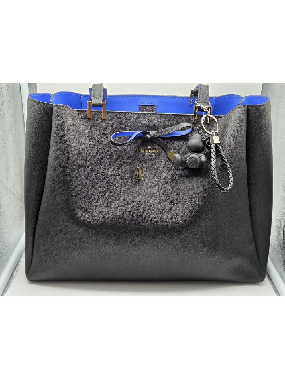 Kate Spade New York Black Blue Saffiano Leather Large Tote Shoulder Bag